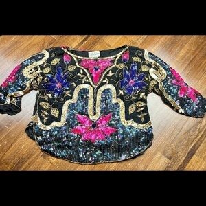 80s Vintage Chanson D'Amour Glam Sequins Disco Silk Party Cocktail Evening Top M